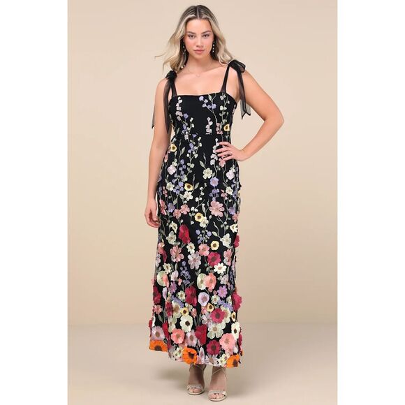 Lulus Thriving Poise Black 3D Floral Embroidered Tie-Strap Maxi Dress Size L NWT - Picture 6 of 15